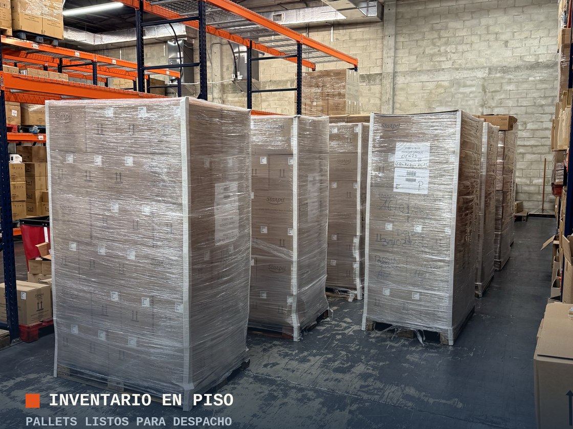 Inventario en pallets envueltos, listo para despacho